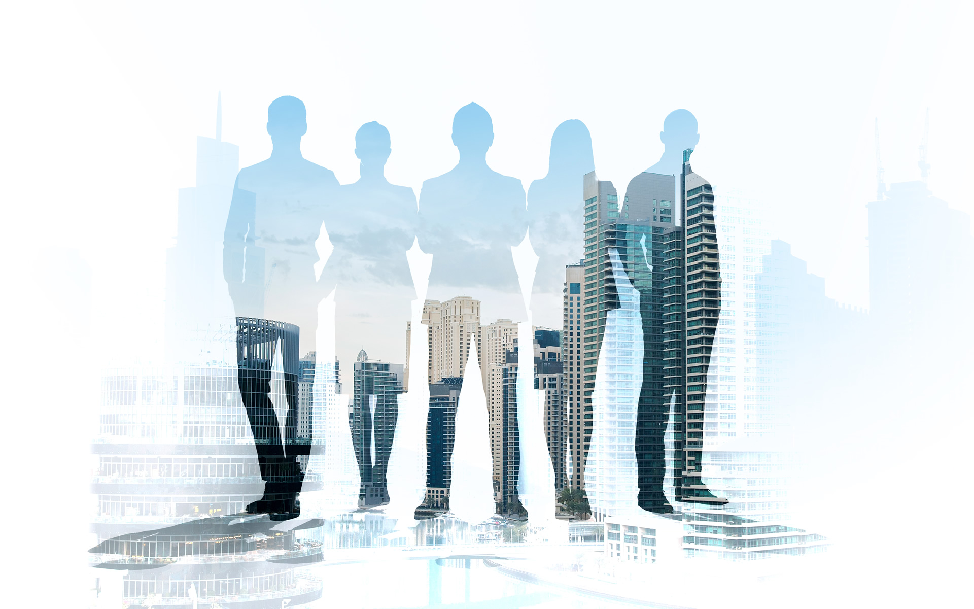 Equipo de consultores sobre un skyline urbano
